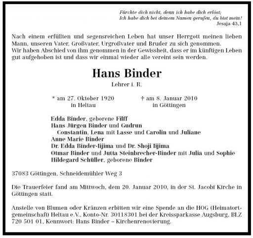 Binder Hans 1920-2010 Todesanzeige